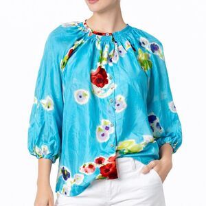 Tucker Blouse Women’s Size XS Blue Floral Silk Puff Sleeve Button Front Top